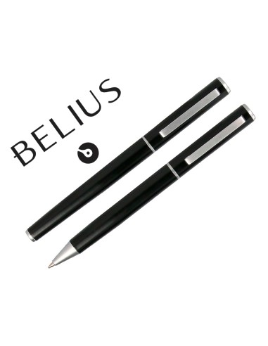 Juego boligrafo y roller belius norwich cuerpo negro mate y detalles cromados satinados en caja regalo