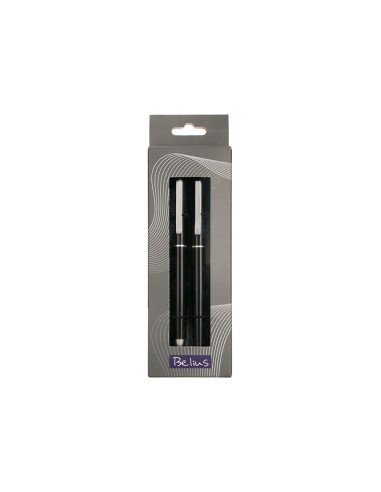 Juego boligrafo y roller belius norwich cuerpo negro mate y detalles cromados satinados en caja regalo