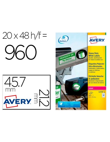Etiqueta adhesiva resistente avery poliester blanco laser 457x212 mm caja de 960 unidades