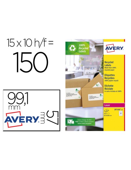 Etiqueta adhesiva avery blanca permanente reciclada 100 paraimpresora laser 991x57 mm caja de 150 unidades