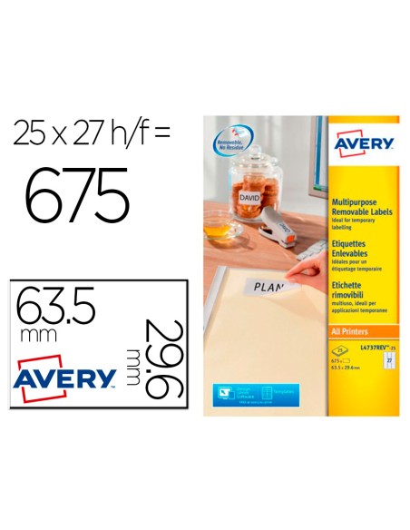 Etiqueta adhesiva avery blanca removible laser ink jet fotocopiadora 635x296 mm caja de 675 unidades