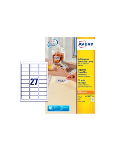 Etiqueta adhesiva avery blanca removible laser ink jet fotocopiadora 635x296 mm caja de 675 unidades