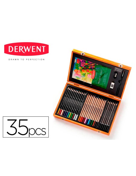 Estuche de pintura derwent academy madera lapices de colores 35 piezas