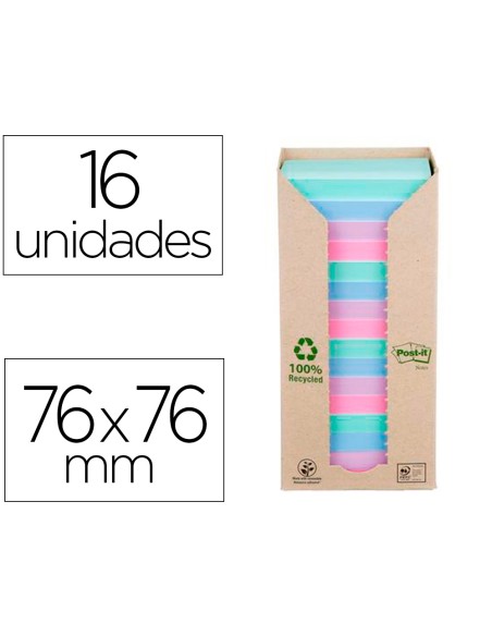 Bloc de notas adhesivas quita y pon post it 76x76 mm 100 reciclado pefc en torre pack de 16 unidades colores