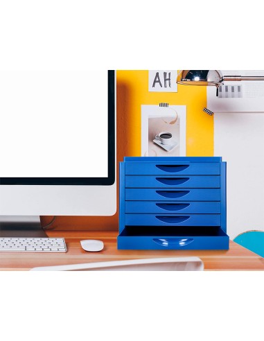 Fichero cajones de sobremesa q connect bandeja organizadora superior 6 cajones color azul opaco