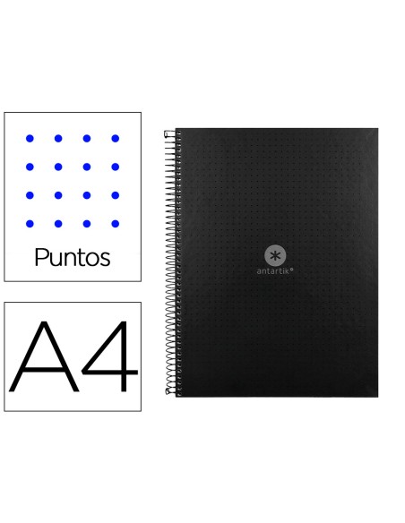 Cuaderno espiral a4 micro antartik dots tapa forrada 80h 90 gr rayado puntos 1 banda 4 taladros negro
