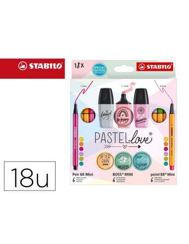 Set stabilo pastel love mini world pen 68 point 88 boss 18 unidades surtidas