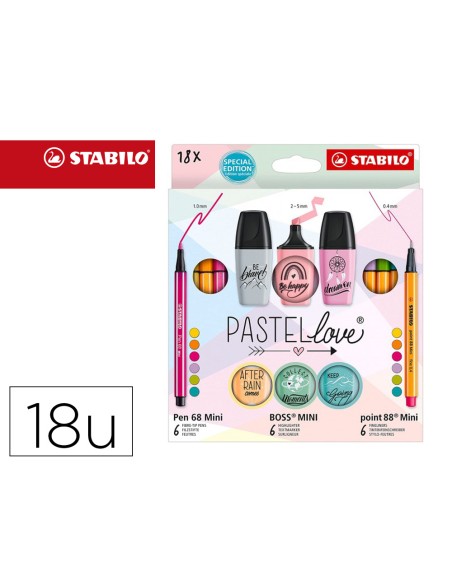 Set stabilo pastel love mini world pen 68 point 88 boss 18 unidades surtidas