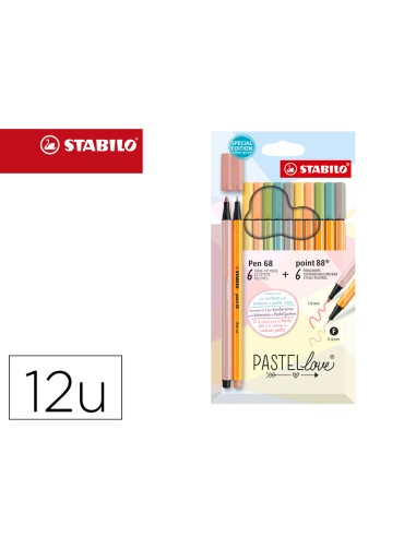 Rotulador stabilo punta de fibra point 88 pen 68 pastel love estuche de carton de 12 colores surtidos