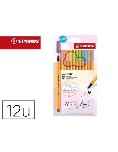 Rotulador stabilo punta de fibra point 88 pastel love estuche de carton de 12 unidades colores surtidos