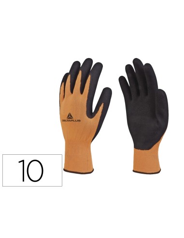 Guantes deltaplus poliester impregando latex palma y dedos naranja fluor negro talla 10