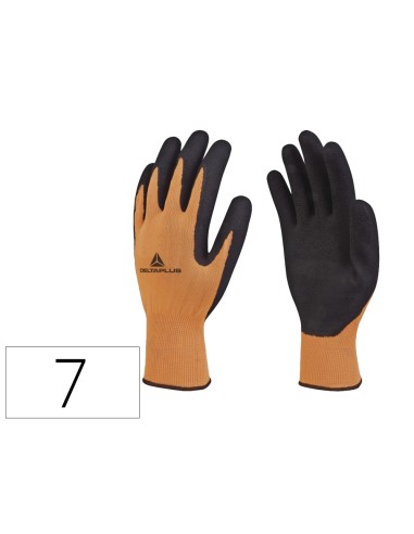 Guantes deltaplus poliester impregando latex palma y dedos naranja fluor negro talla 7