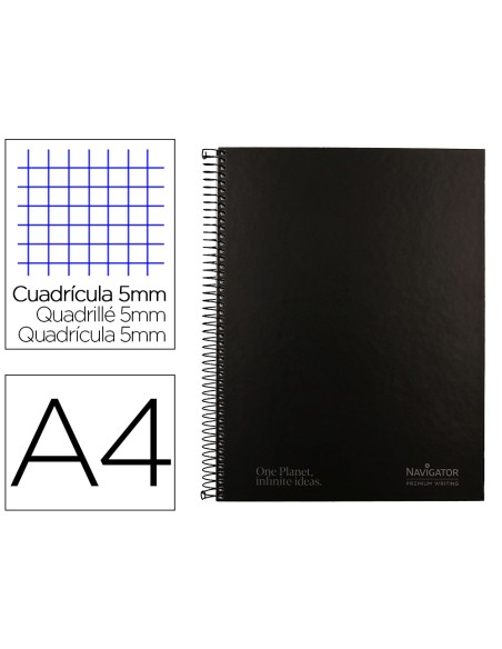 Cuaderno espiral navigator a4 micro tapa forrada 120h 80gr cuadro 5mm 5 bandas 4 taladros color negro