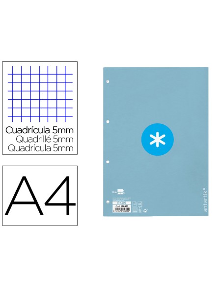 Recambio a4 antartik 80 hojas 90g m2 cuadro 5mm 4 taladros 1 banda con marco color celeste