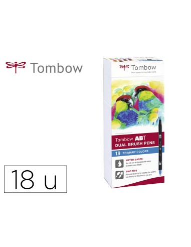 Rotulador tombow dual brush doble punta fina pincel colores primarios estuche de 18 unidades colores surtidos