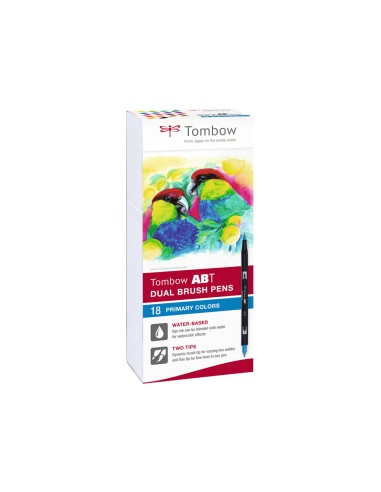 Rotulador tombow dual brush doble punta fina pincel colores primarios estuche de 18 unidades colores surtidos