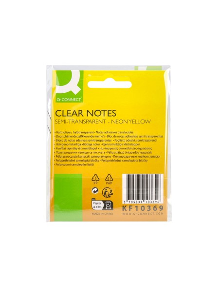 Bloc de notas adhesivas quita y pon q connect 76x76 mm removible plastico translucido amarillo neon con 50 hojas