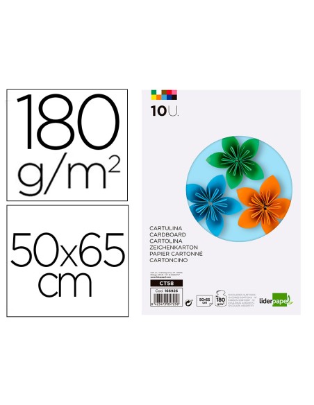 Cartulina liderpapel 50x65 cm 180g m2 10 colores surtidos paquete de 10 hojas