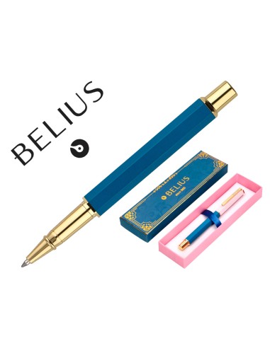 Boligrafo belius macaron bliss forma hexagonal color rosa azul y dorado tinta azul caja de diseno