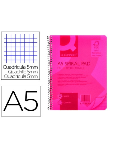 Cuaderno espiral q connect a5 micro tapa plastico 80h 70g cuadro 5mm sin bandas 6 taladros naranja fsc