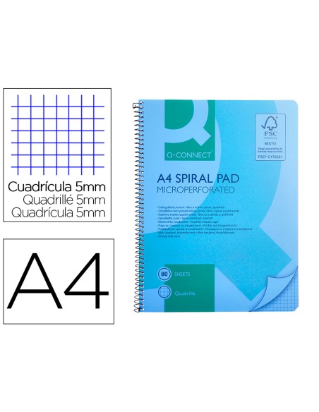 Cuaderno espiral q connect a4 micro tapa plastico 80h 70g cuadro 5mm sin bandas 4 taladros azul fsc