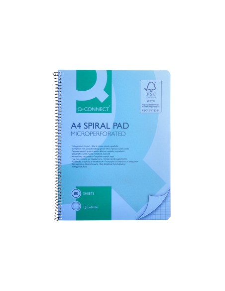 Cuaderno espiral q connect a4 micro tapa plastico 80h 70g cuadro 5mm sin bandas 4 taladros azul fsc