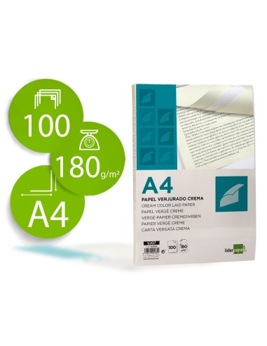 Papel verjurado liderpapel a4 180g m2 crema paquete de 100 hojas