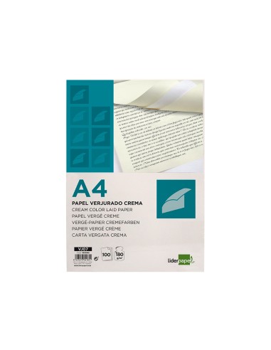 Papel verjurado liderpapel a4 180g m2 crema paquete de 100 hojas