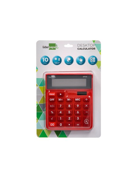 Calculadora liderpapel sobremesa xf22 10 digitos solar y pilas color rojo 127x105x24 mm