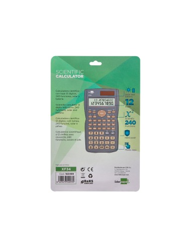 Calculadora liderpapel cientifica xf34 12 digitos 240 funciones con tapa solar y pilas color gris 156x85x20