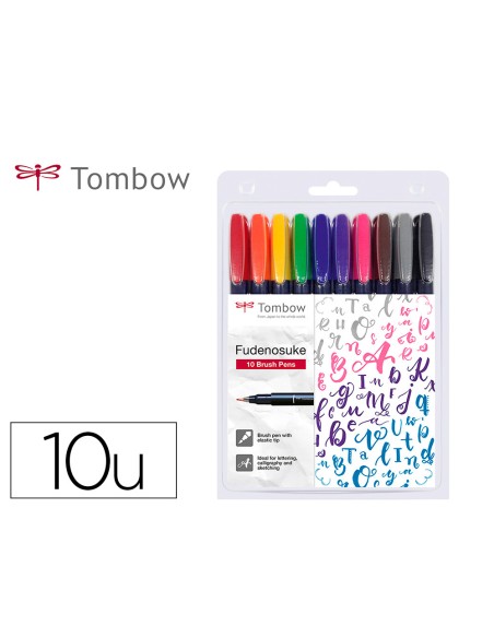 Rotulador tombow fudenosuke tinta base de agua punta pincel dura estuche de 10 unidades colores surtidos