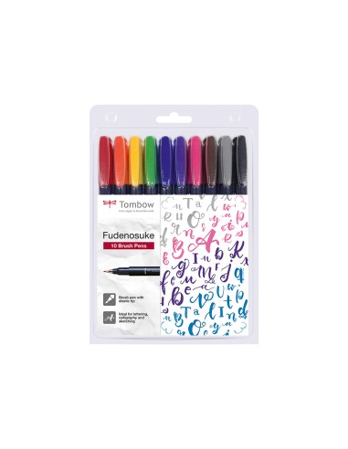 Rotulador tombow fudenosuke tinta base de agua punta pincel dura estuche de 10 unidades colores surtidos