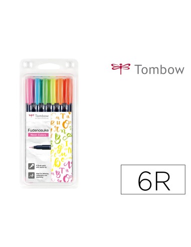 Rotulador tombow fudenosuke tinta base de agua punta pincel dura estuche de 6 unidades colores neon