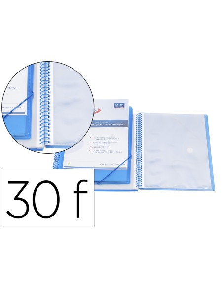 Carpeta pardo escaparate con espiral 30 fundas polipropileno con gomas personalizable color azul
