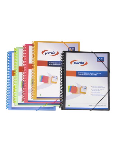 Carpeta pardo escaparate con espiral 20 fundas polipropileno con gomas personalizable color azul