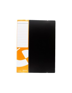 Carpeta grafoplas escaparate poliuro folio 40 fundas polipropileno negra tarjetero naranja con gomilla