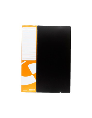 Carpeta grafoplas escaparate poliuro folio 40 fundas polipropileno negra tarjetero naranja con gomilla