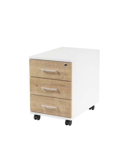 Cajonera rocada con tres cajones sistema antivuelco y ruedas con freno color blanco roble 60x40x60 cm