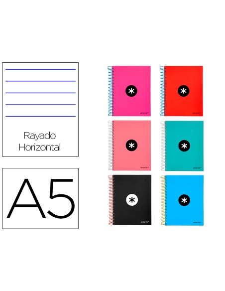 Cuaderno espiral a5 micro antartik tapa forrada 120 h 100g horizontal 5 bandas6 taladros colores surtidos