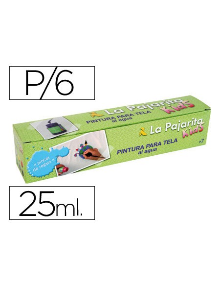 Pintura para tela la pajarita kids 25 ml caja de 6 unidades colores surtidos pincel