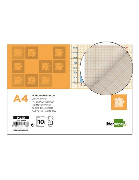 Papel dibujo liderpapel 210x297mm 80g m2 milimetrado pack de 10 hojas