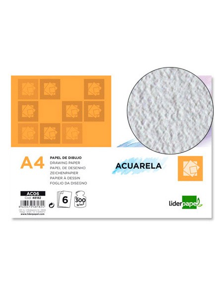Papel dibujo liderpapel 210x297mm 300g m2 acuarela pack de 6 hojas