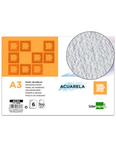 Papel dibujo liderpapel 297x420mm 300g m2 acuarela pack de 6 hojas