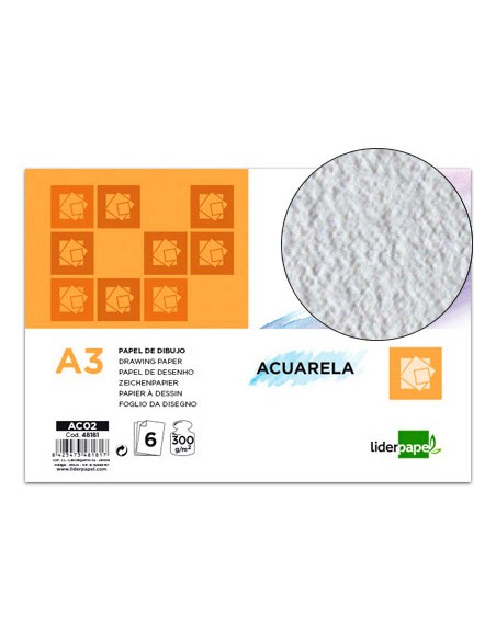 Papel dibujo liderpapel 297x420mm 300g m2 acuarela pack de 6 hojas