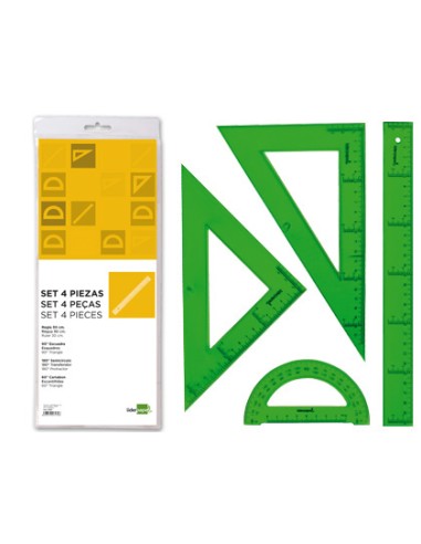 Juego escuadra cartabon regla 30 cm y semicirculo en petaca liderpapel verde