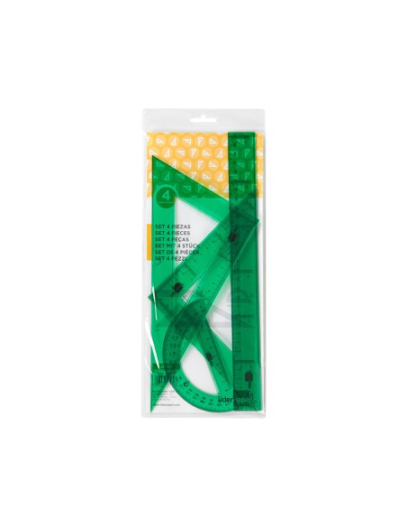 Juego escuadra cartabon regla 30 cm y semicirculo en petaca liderpapel verde
