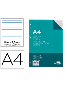 Recambio liderpapel a4 100 hojas 100g m2 pauta 5ª 25mm con margen 4 taladros