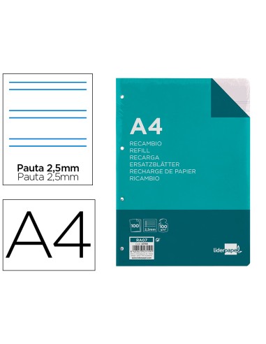 Recambio liderpapel a4 100 hojas 100g m2 pauta 5ª 25mm con margen 4 taladros