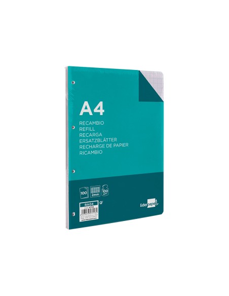 Recambio liderpapel a4 100 hojas 100g m2 cuadro 2mm con margen 4 taladros