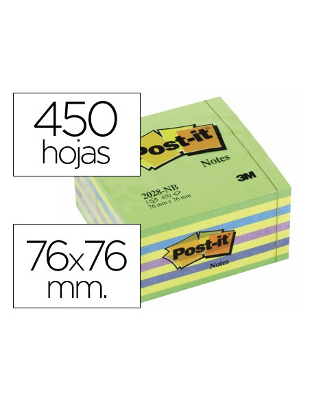 Bloc de notas adhesivas quita y pon post it 76x76 mm cubo color azul y verde 450 hojas